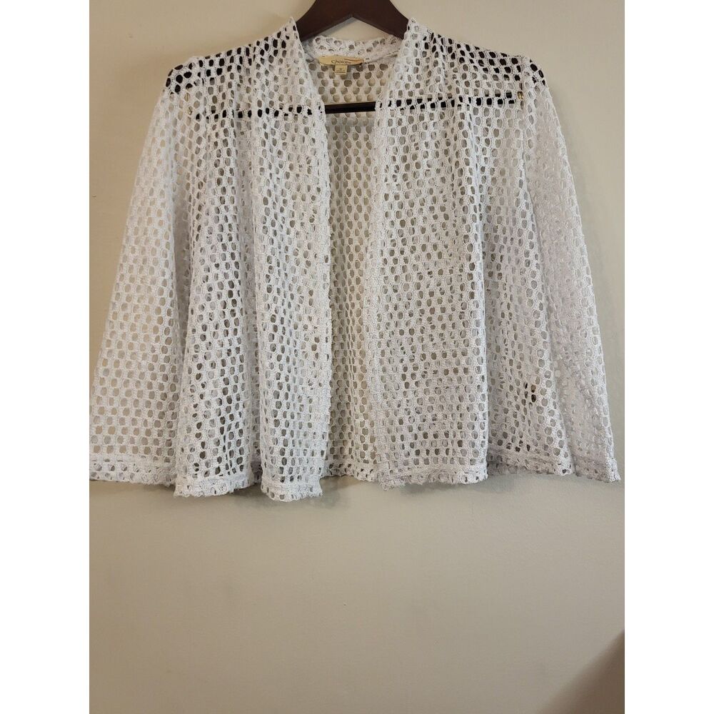 Choices White Metallic Open Mesh Short‎ Open Cardigan Coastal Grandma Women Med.